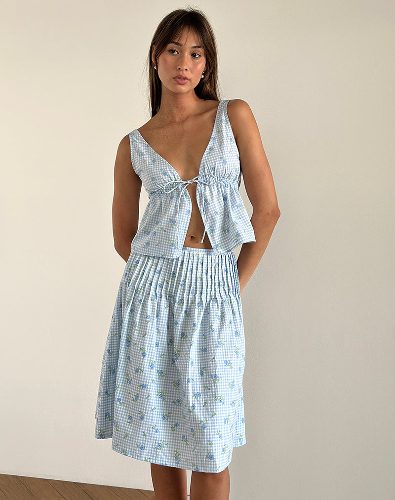 Afbeelding van Asada Midi rok in blauw gebloemd ruitje