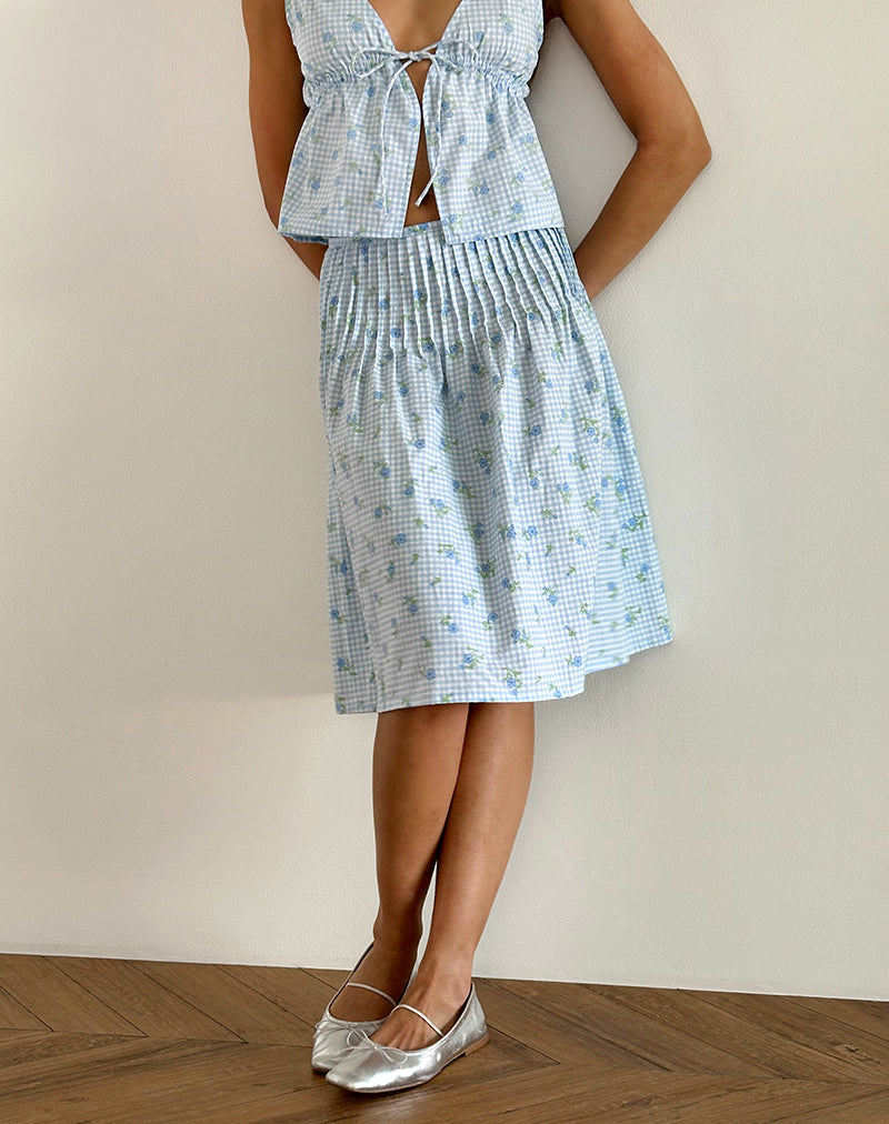 Afbeelding van Asada Midi rok in blauw gebloemd ruitje