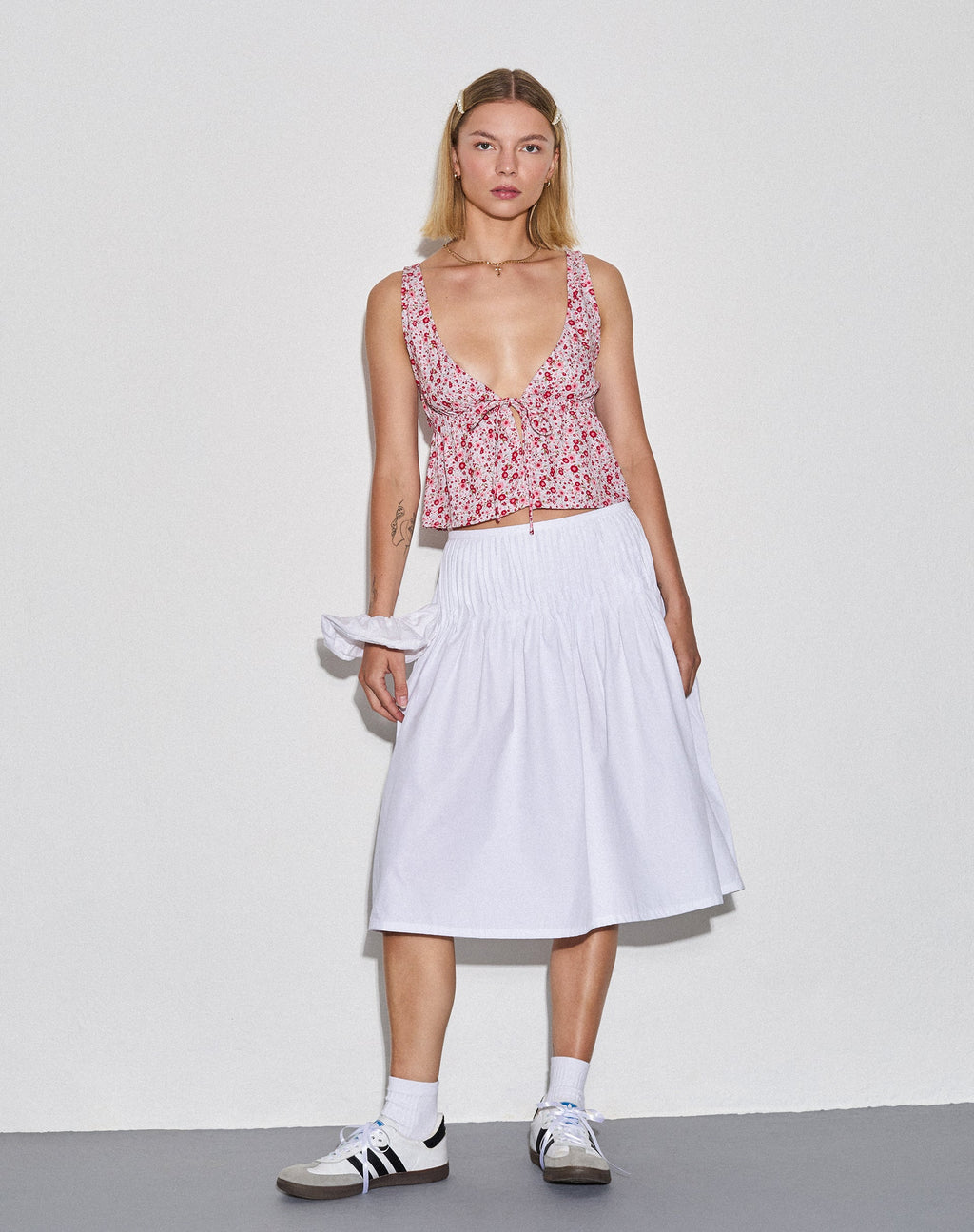 Asada Midi-rok met geplooide taille in popeline wit