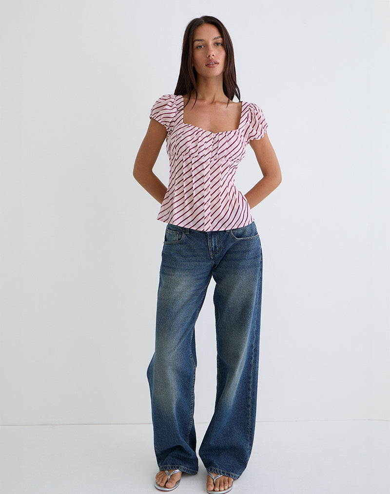 Rolina Blouse in Chiffon Streep Roze en Bourgondië