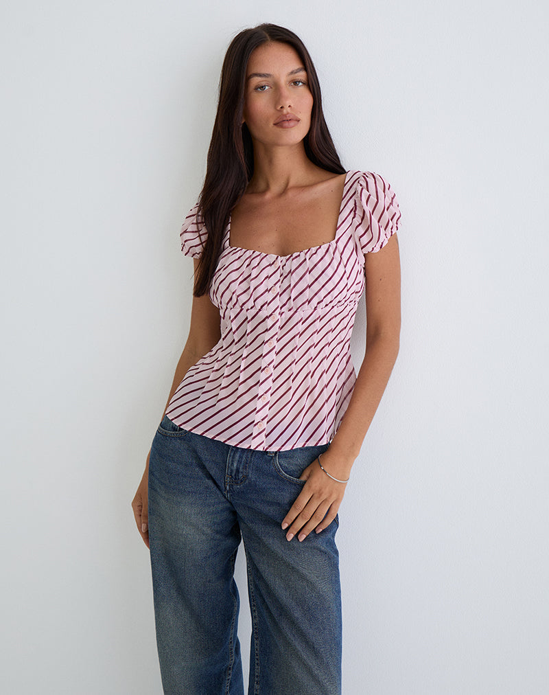 Afbeelding van Rolina Blouse in Chiffon Streep Roze en Bourgondië