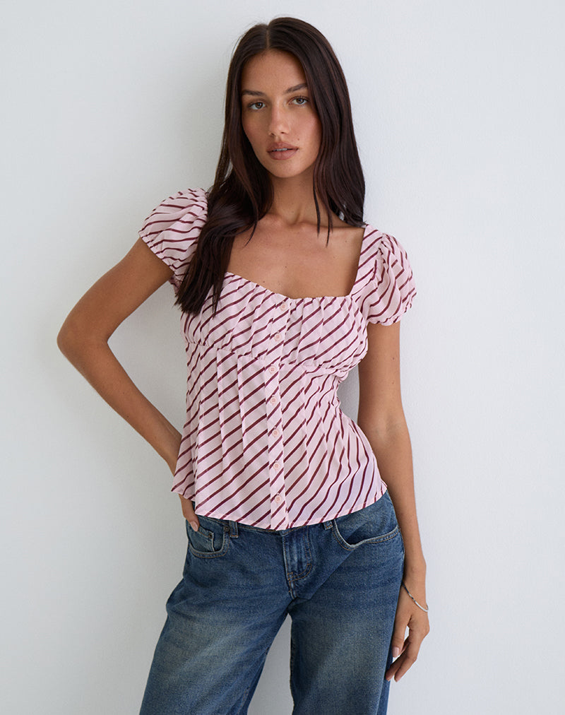 Rolina Blouse in Chiffon Streep Roze en Bourgondië