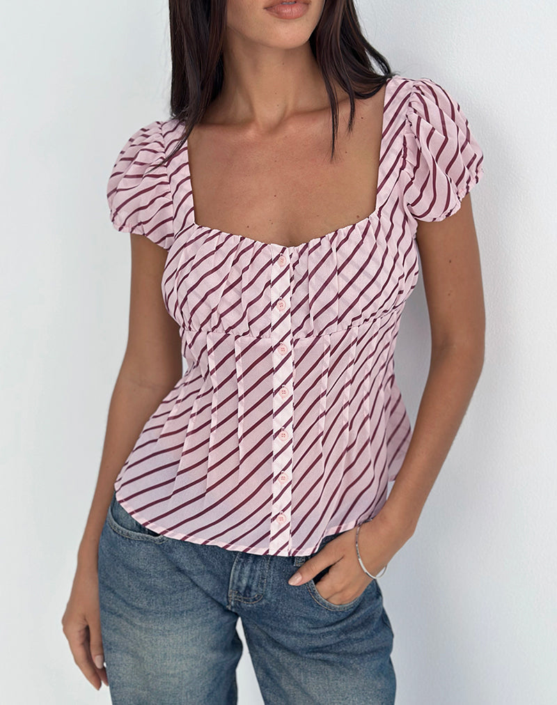 Afbeelding van Rolina Blouse in Chiffon Streep Roze en Bourgondië
