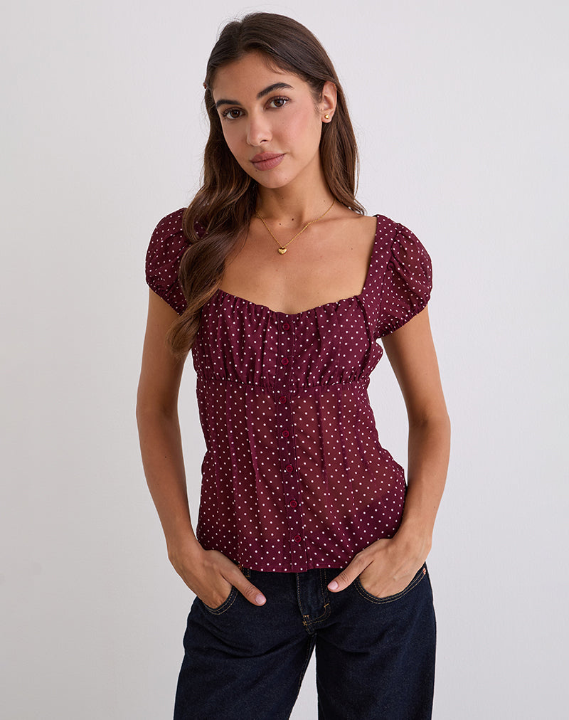 Afbeelding van Rolina Blouse in Chiffon Mini Polka Bourgondië