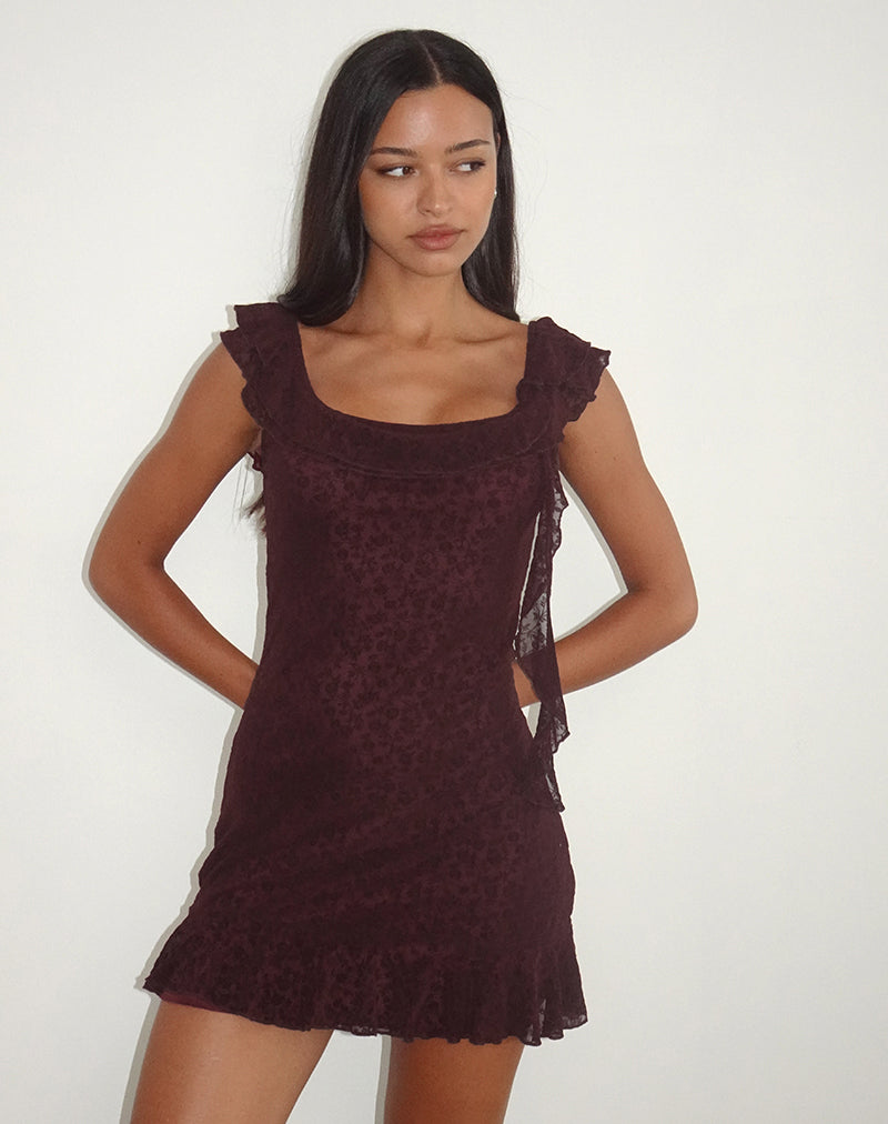Afbeelding van Rolita Mini Dress in Ditsy Flock Burnt Maroon