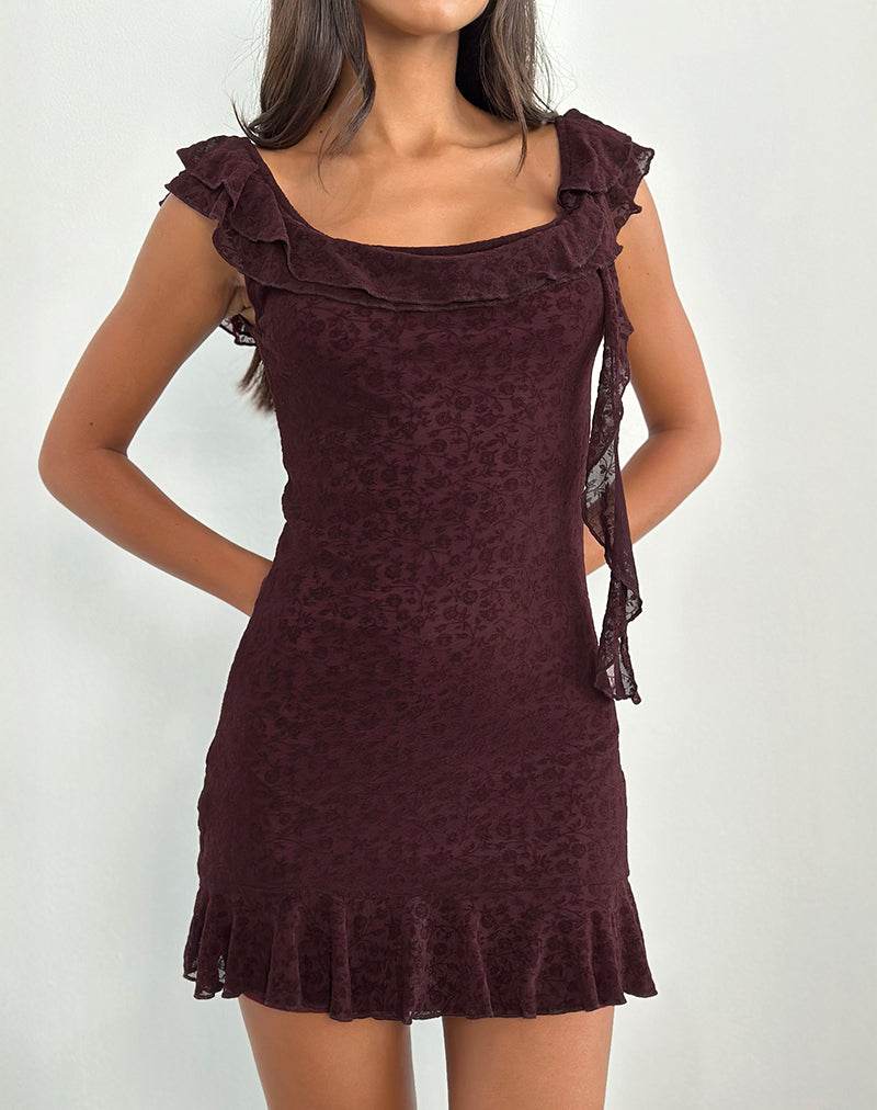 Afbeelding van Rolita Mini Dress in Ditsy Flock Burnt Maroon