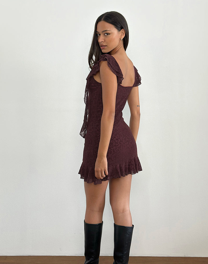 Afbeelding van Rolita Mini Dress in Ditsy Flock Burnt Maroon