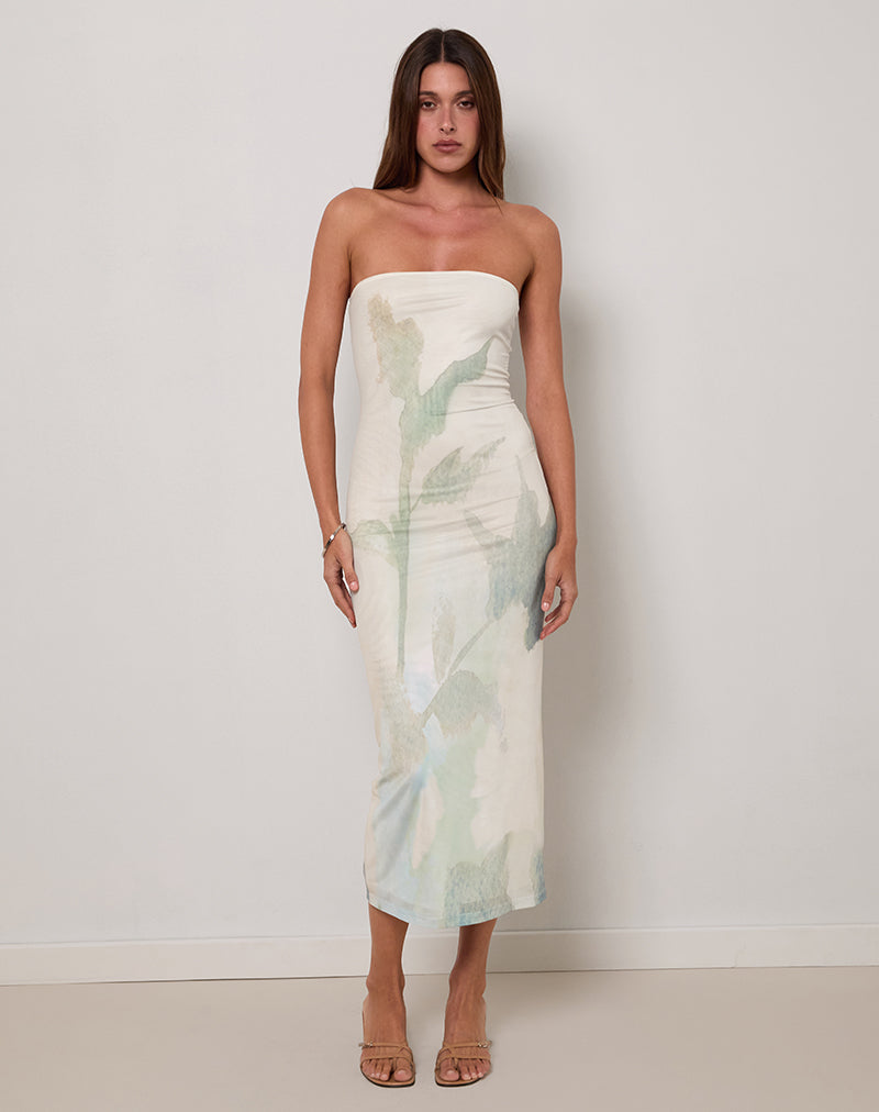 Afbeelding van Rosbandi Bandeau Midi Dress in Abstract Painted Flower Blauw