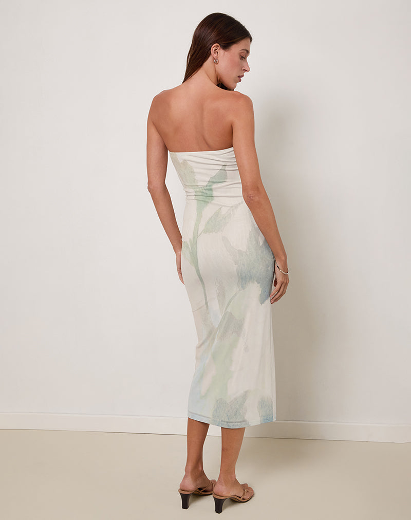 Afbeelding van Rosbandi Bandeau Midi Dress in Abstract Painted Flower Blauw
