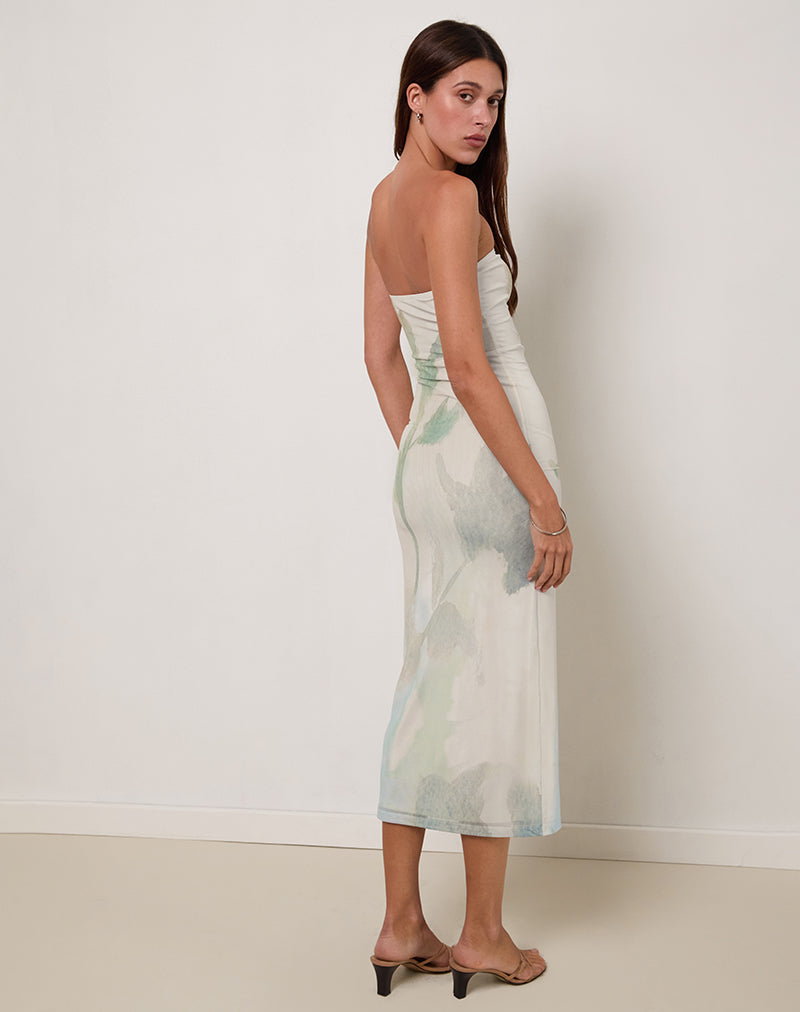 Afbeelding van Rosbandi Bandeau Midi Dress in Abstract Painted Flower Blauw