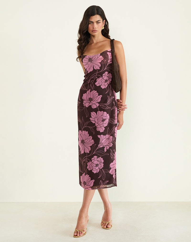 Afbeelding van Rujira Cowl Midi Dress in Flare Floral Roze Bruin