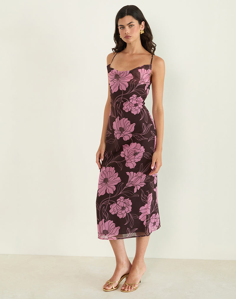 Afbeelding van Rujira Cowl Midi Dress in Flare Floral Roze Bruin