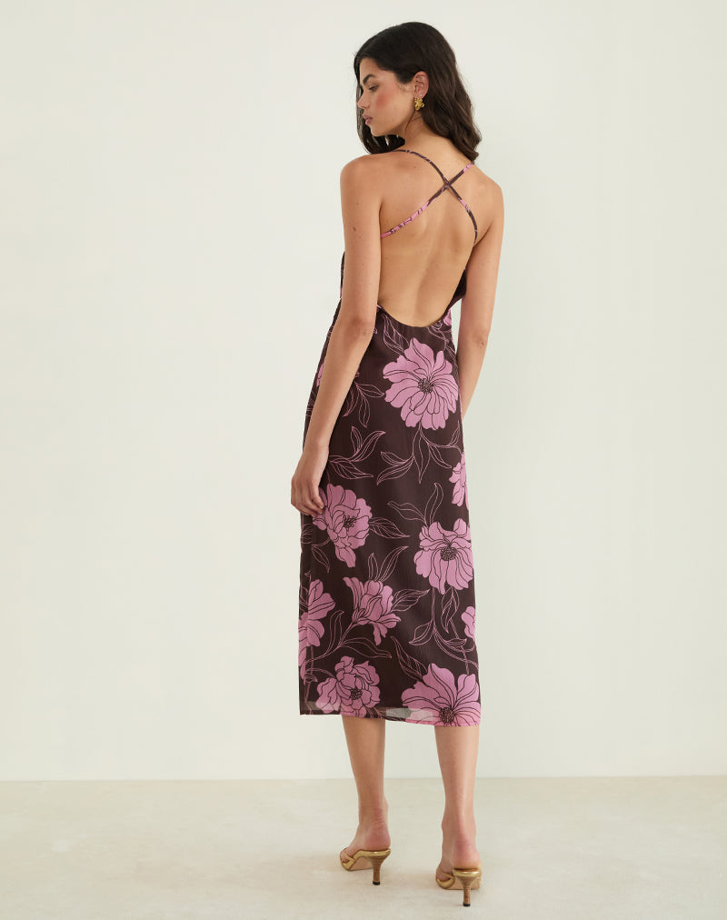 Rujira Cowl Midi Dress in Flare Bloemen Roze Bruin