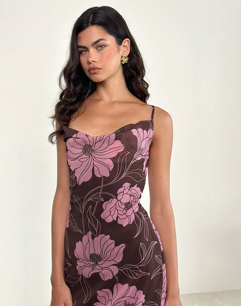 Afbeelding van Rujira Cowl Midi Dress in Flare Floral Roze Bruin