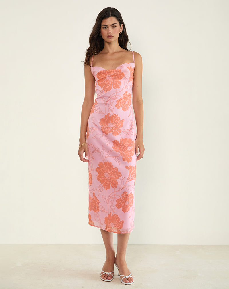 Afbeelding van Rujira Cowl Midi Dress in Bloemig Roze Oranje