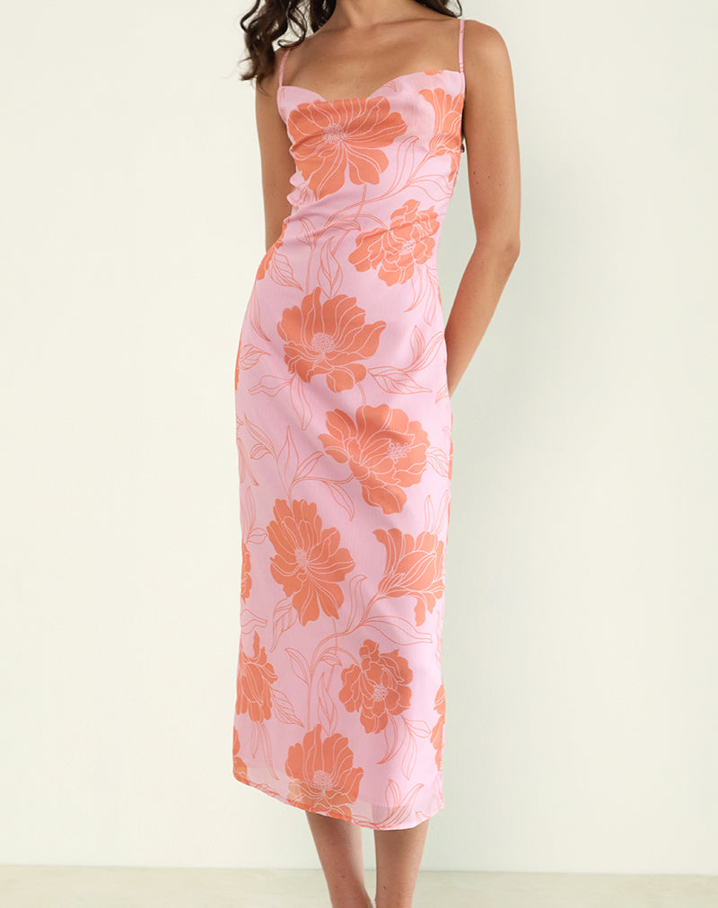 Afbeelding van Rujira Cowl Midi Dress in Bloemig Roze Oranje