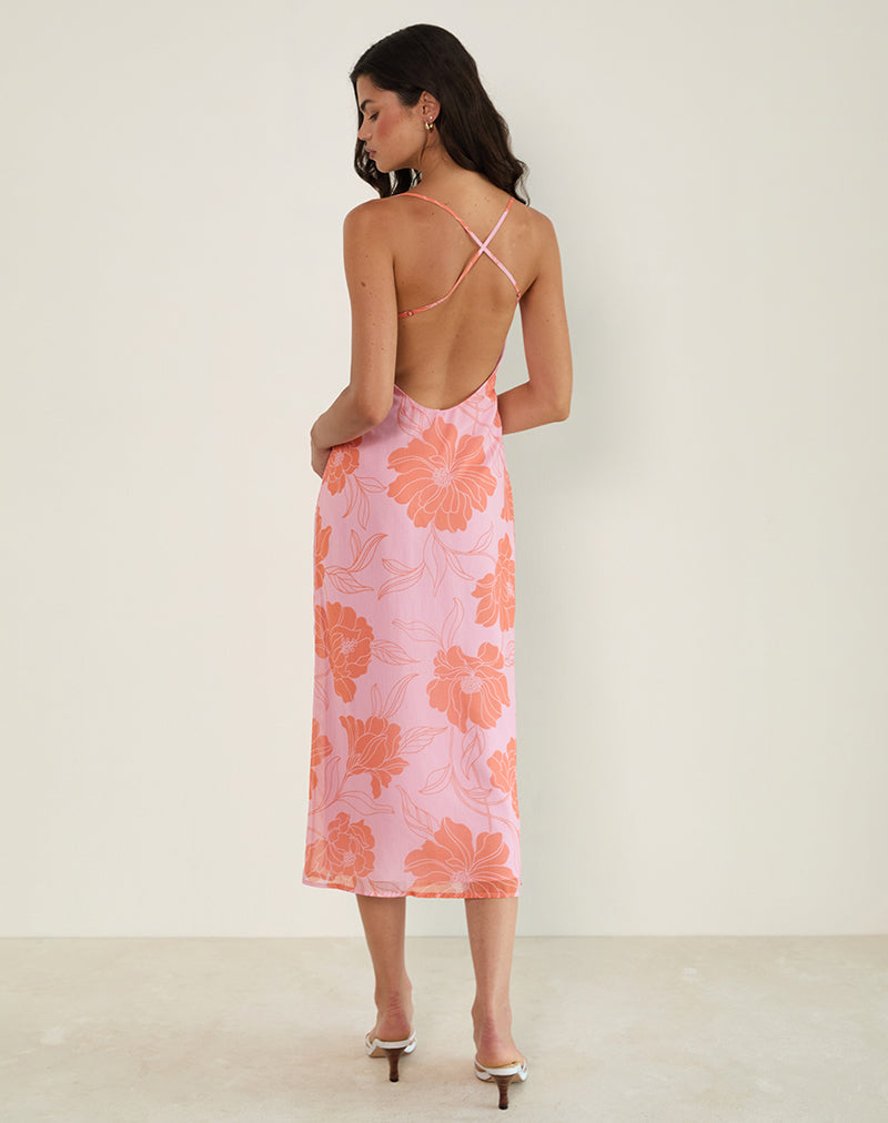 Rujira Cowl Midi Dress in Bloemig Roze Oranje