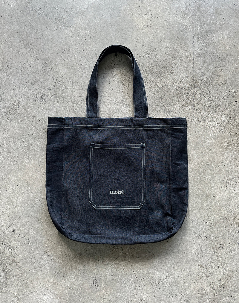 Afbeelding van Ruka draagtas in Denim Indigo met wit Motel borduurwerk