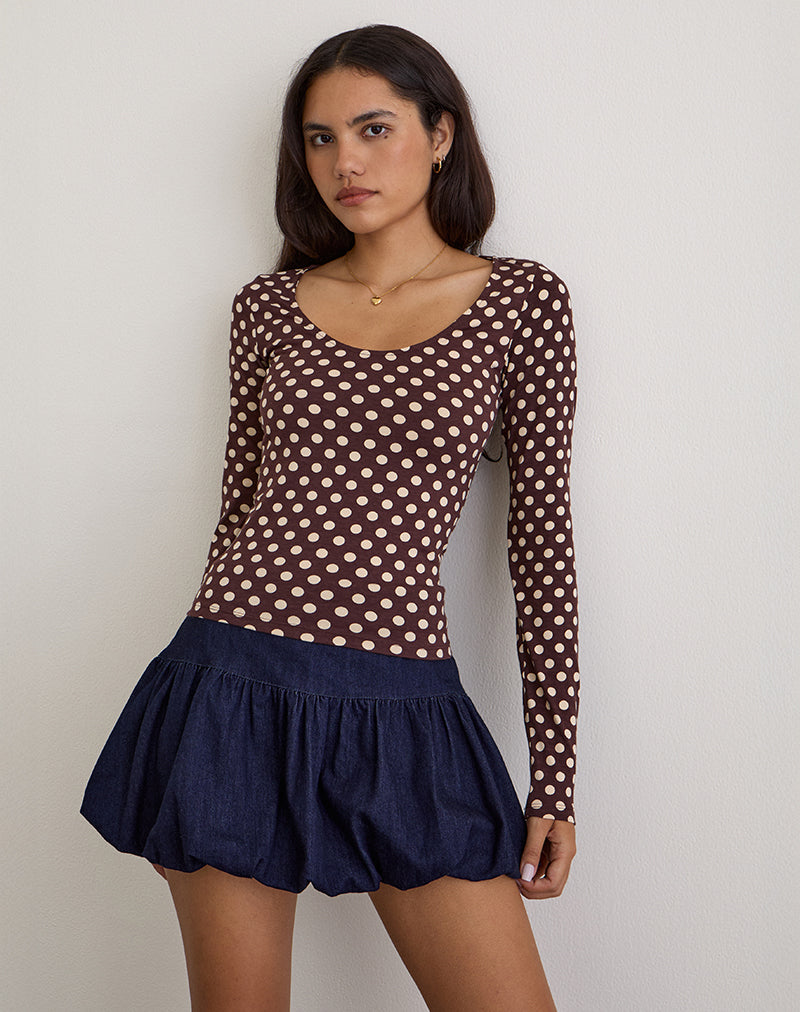 Rumini Top met lange mouwen in bruin met kleine polka crème