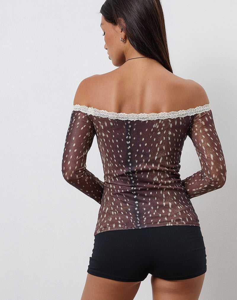 Afbeelding van Rusaka Bardot Top in Mesh Hertenprint Bruin