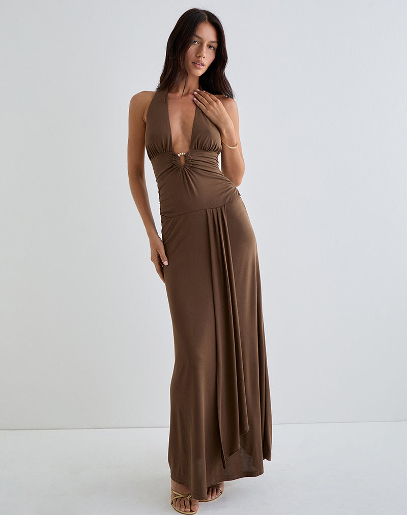 Ryoko Maxi Dress in Cupro Donkerbruin
