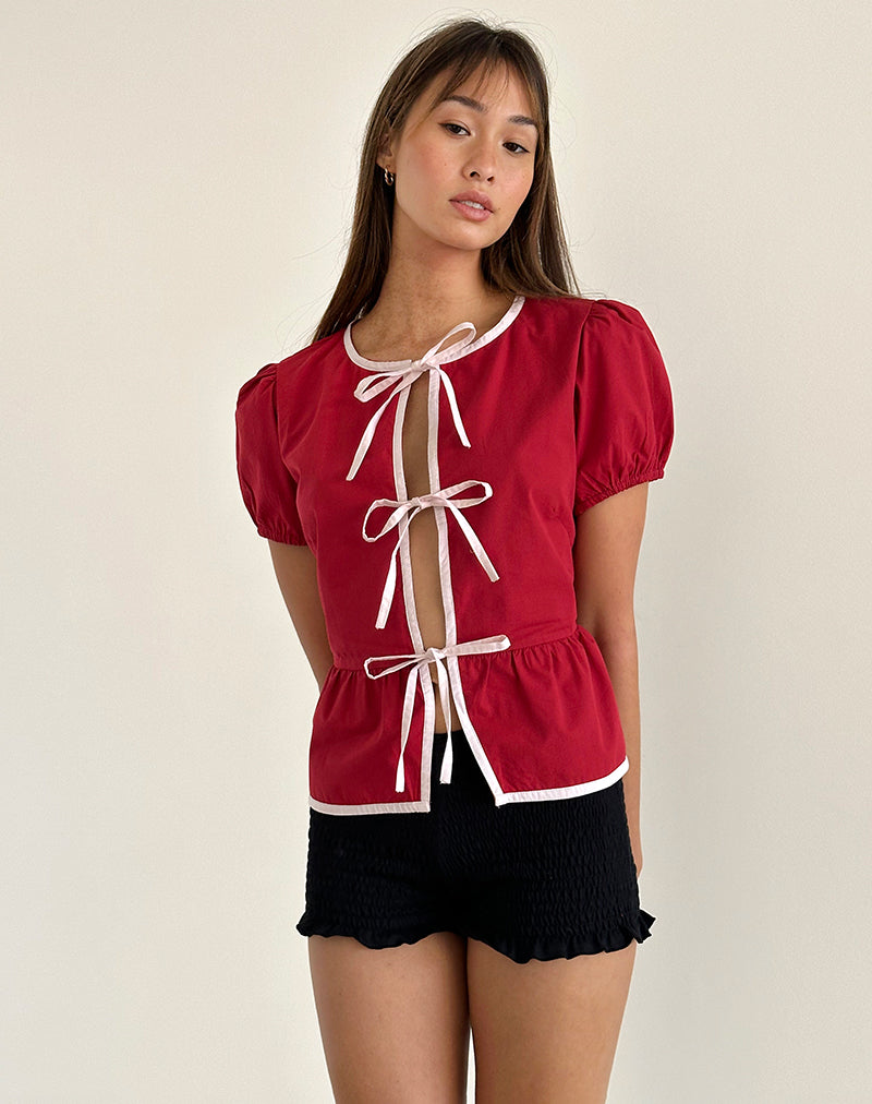Ryota Blouse met Strikband in Adrenaline Rood met Roze Binding