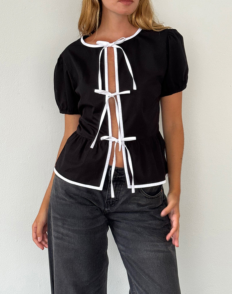 Afbeelding van Ryota Blouse met Stropdas in Zwart met Witte Binding