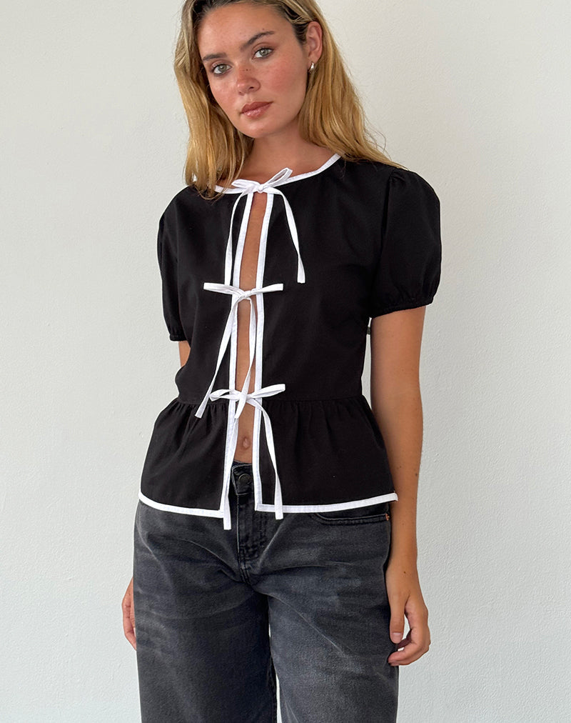 Ryota Blouse met Strikje in Zwart met Witte Binding