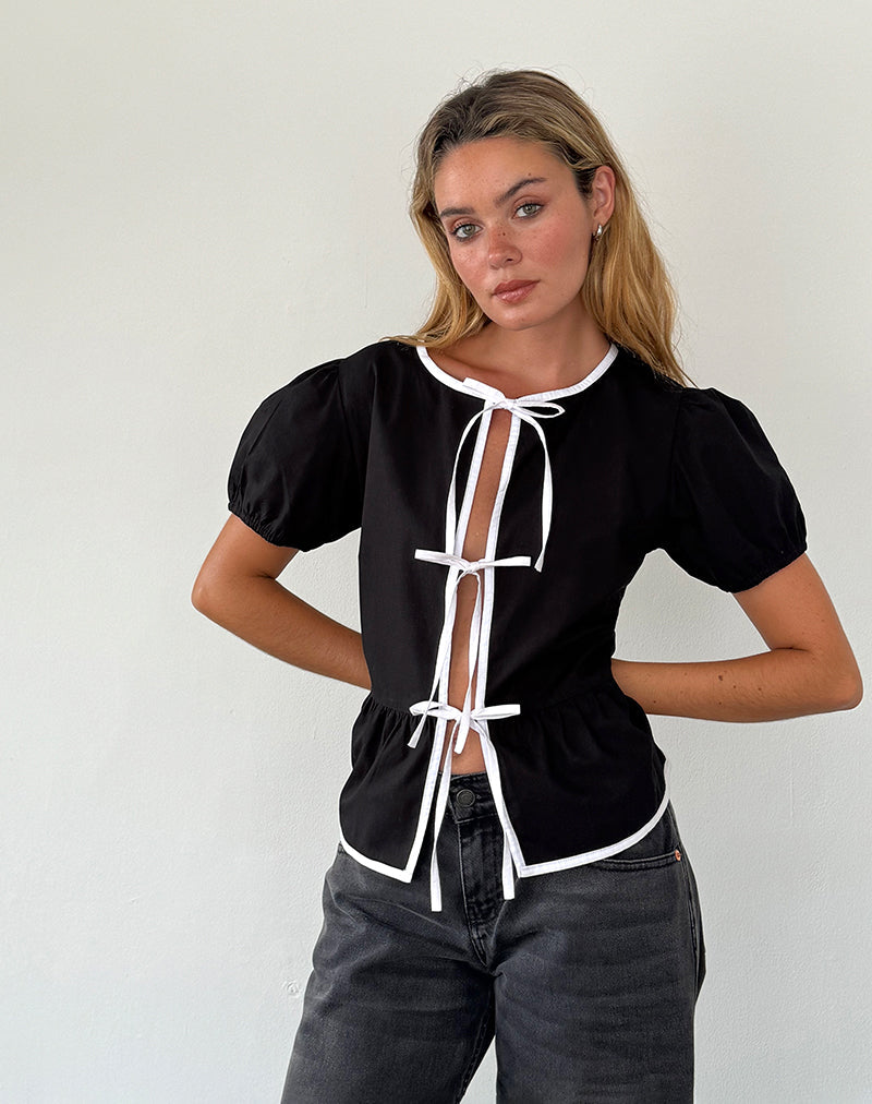 Afbeelding van Ryota Blouse met Stropdas in Zwart met Witte Binding