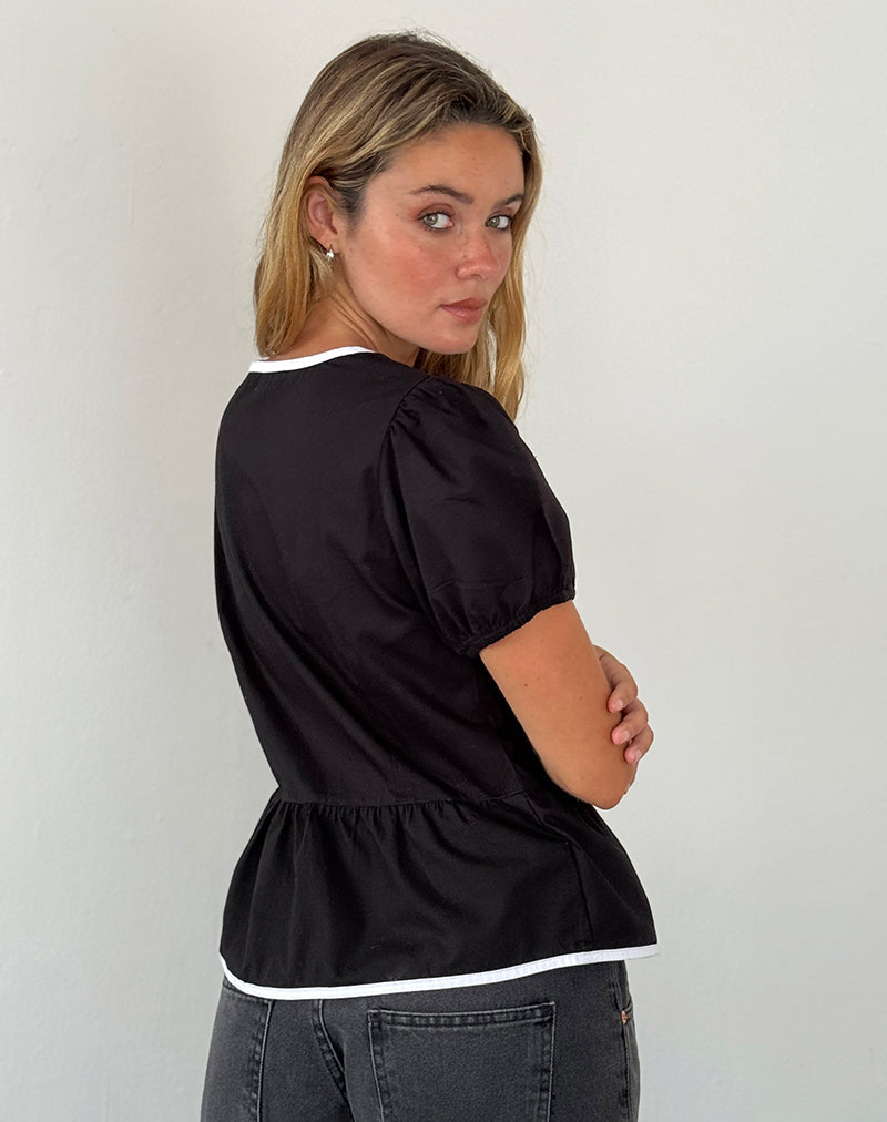 Afbeelding van Ryota Blouse met Stropdas in Zwart met Witte Binding