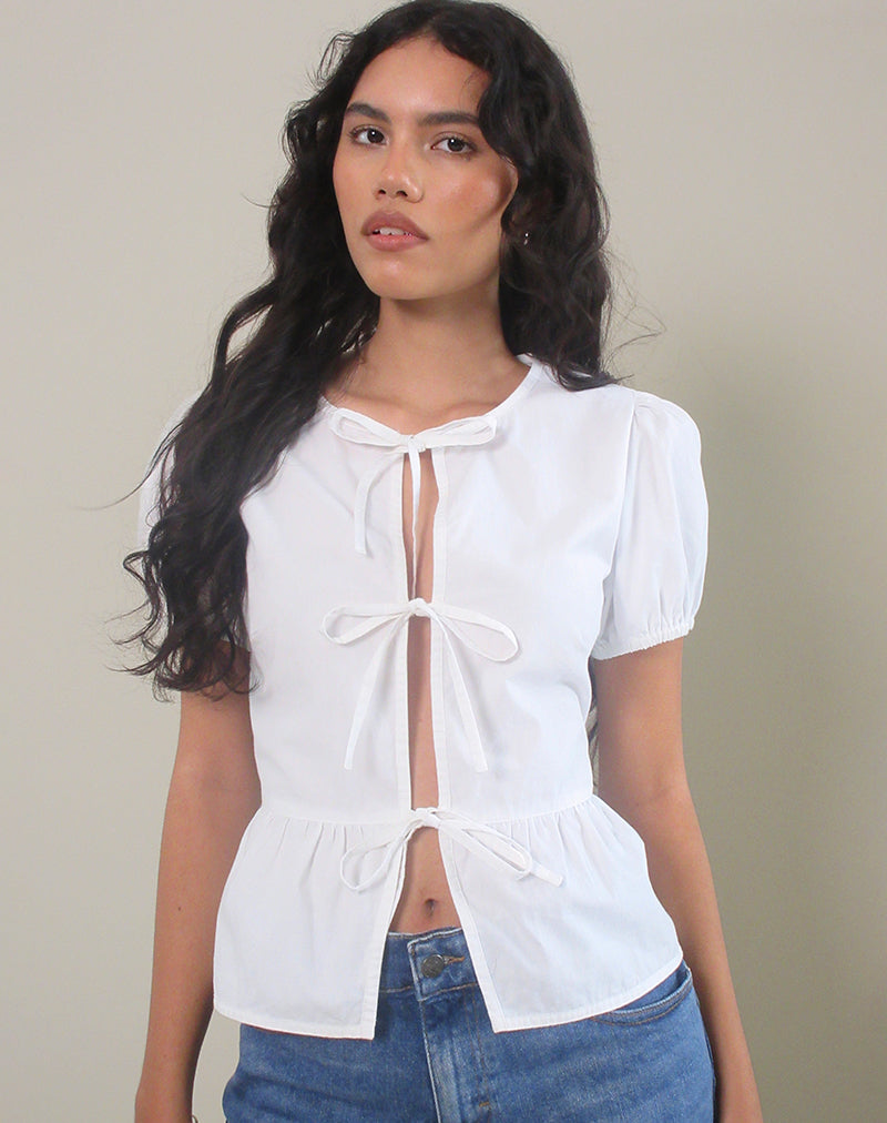 Ryota Blouse met Strik Front in Wit met Witte Binding