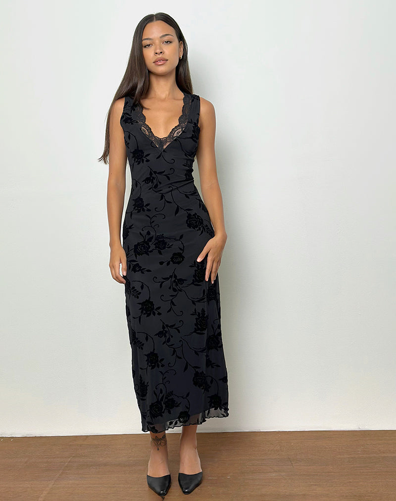 Afbeelding van Saga Midi Dress in Rose Flock Zwart