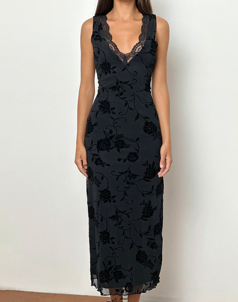 Saga Midi Dress in Rose Flock Zwart