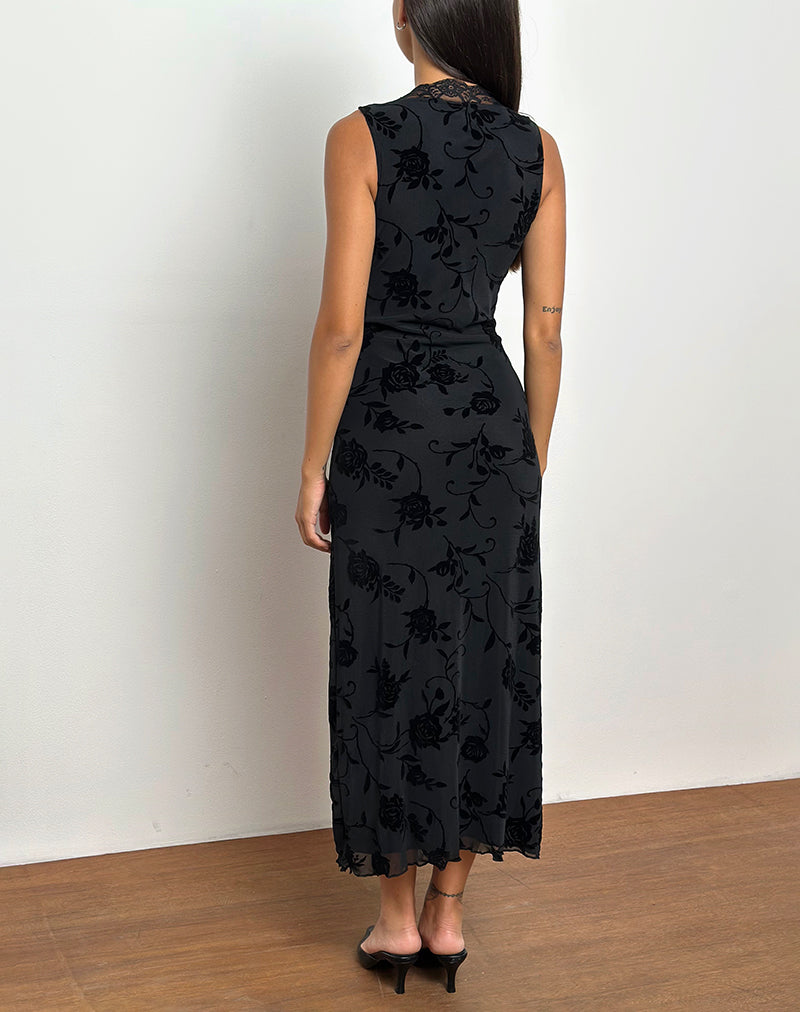 Afbeelding van Saga Midi Dress in Rose Flock Zwart