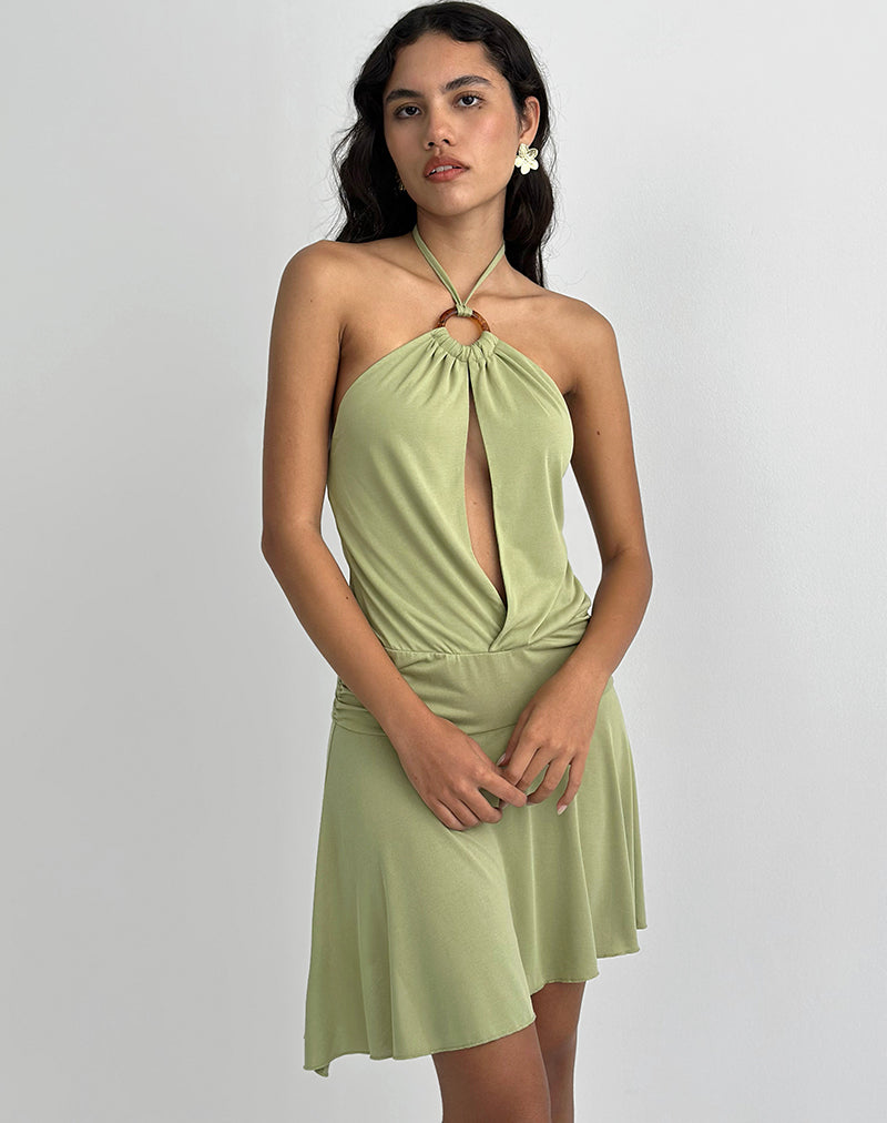 Saira Halter Hals Mini Jurk in Sage