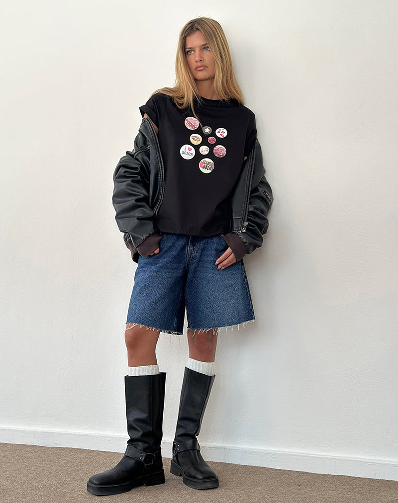 Afbeelding van Saki T-shirt in zwart met badges grafisch