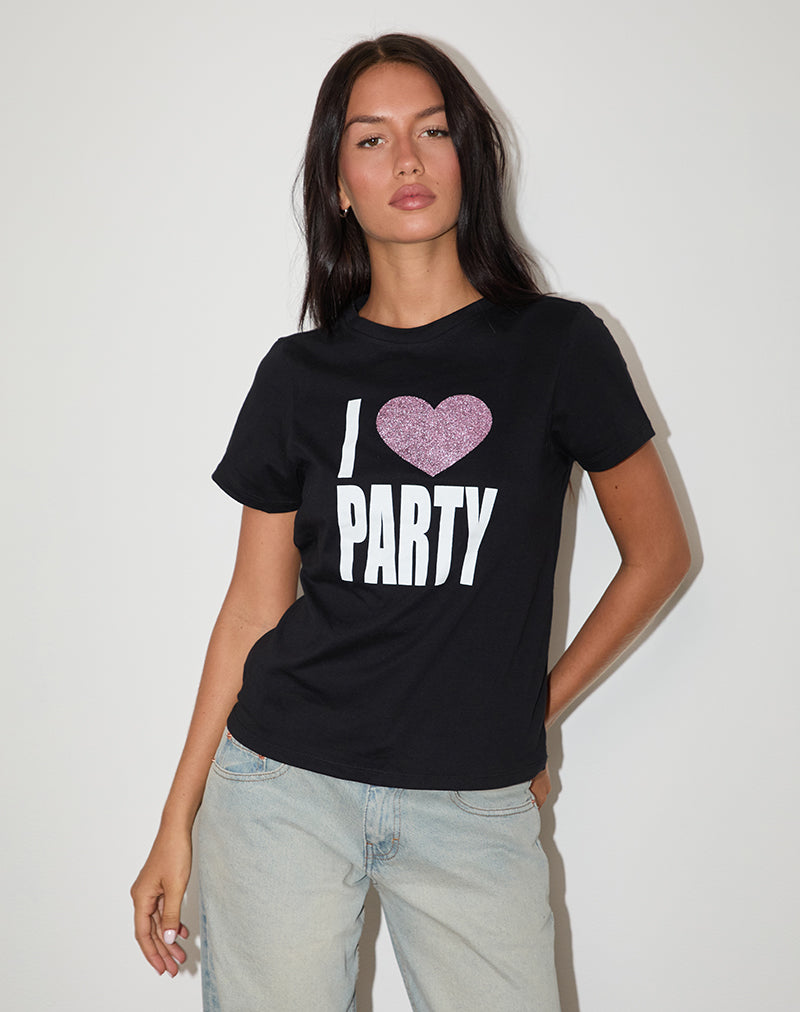 Afbeelding van Saki T-shirt in zwart met I Love Party print