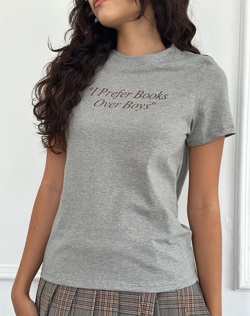 Afbeelding van Saki T-shirt in Grijs Marl met Ik verkies boeken boven jongenslogan