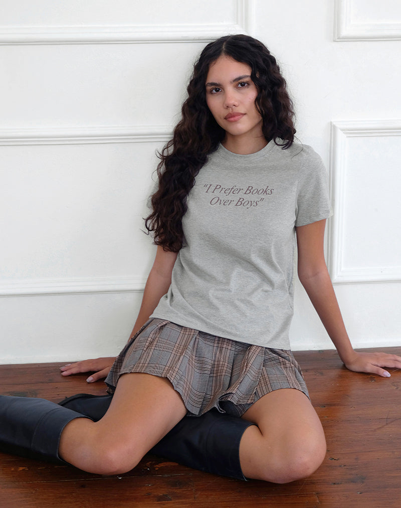 Afbeelding van Saki T-shirt in Grijs Marl met Ik verkies boeken boven jongenslogan