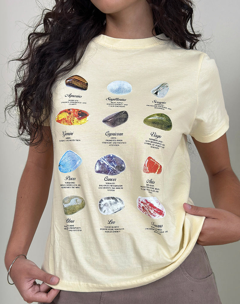 Saki T-shirt in Buttermilk Healing Stone Horoscope print