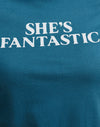 Mediterraan blauw met She's Fantastic slogan