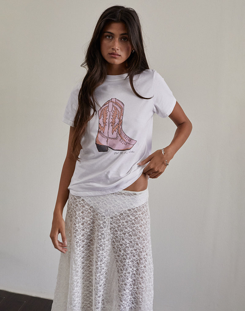 Saki T-shirt in wit met roze Cowboylaarzenprint