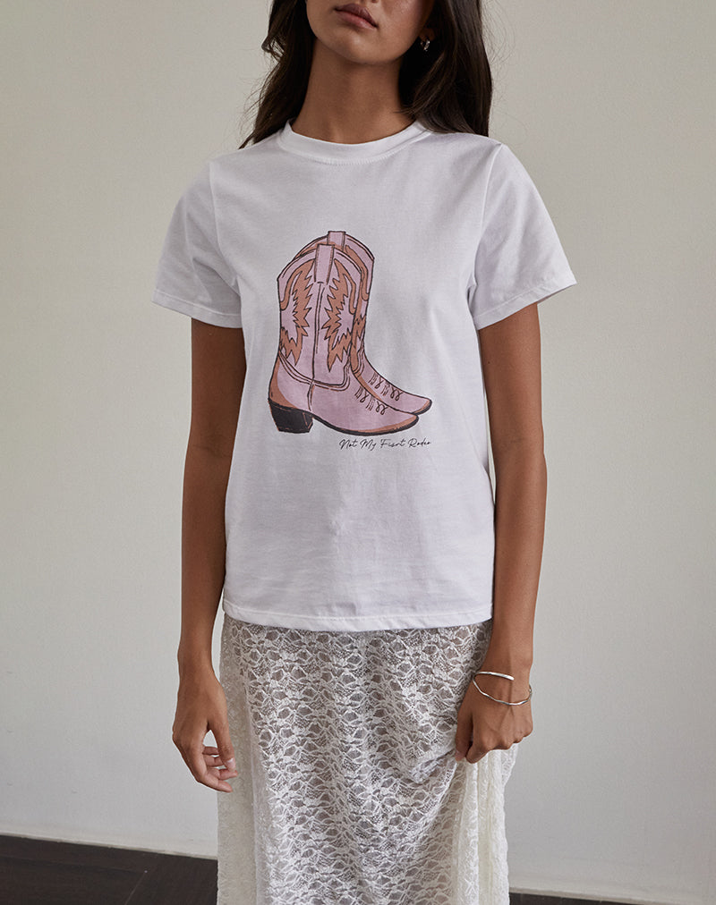 Afbeelding van Saki T-shirt in wit met roze Cowboylaarzenprint