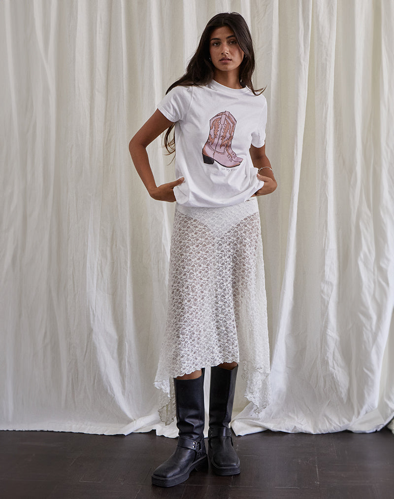 Saki T-shirt in wit met roze Cowboylaarzenprint