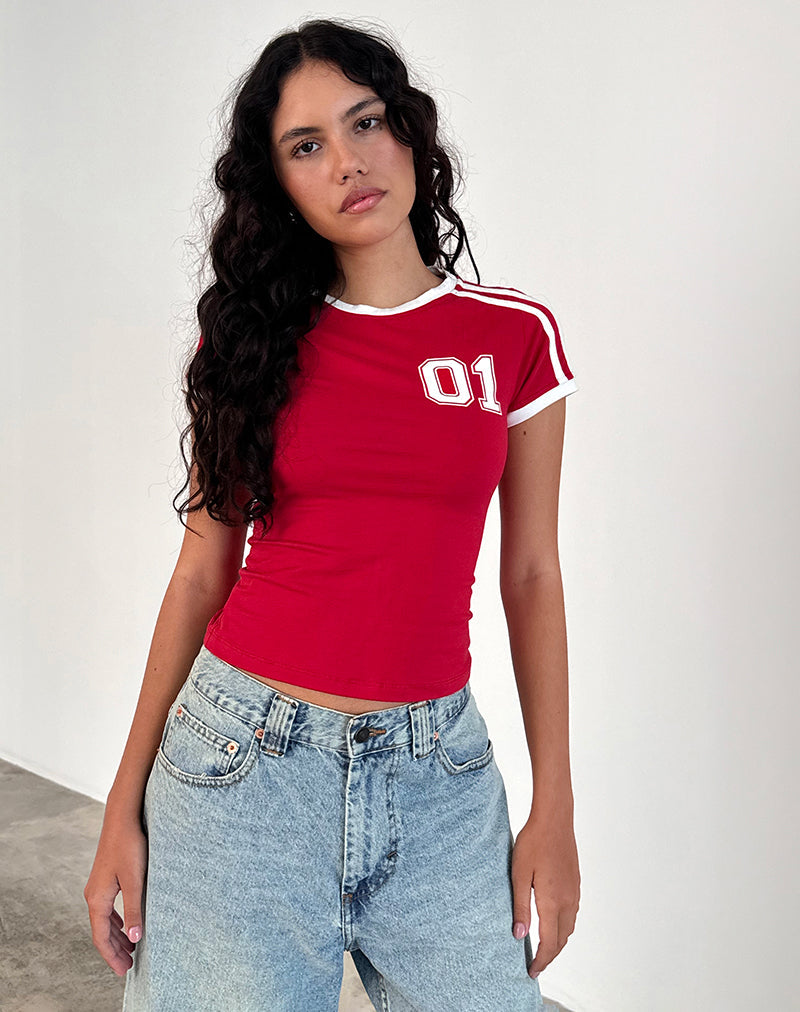Salda T-shirt in Tango Rood met Off White Binding