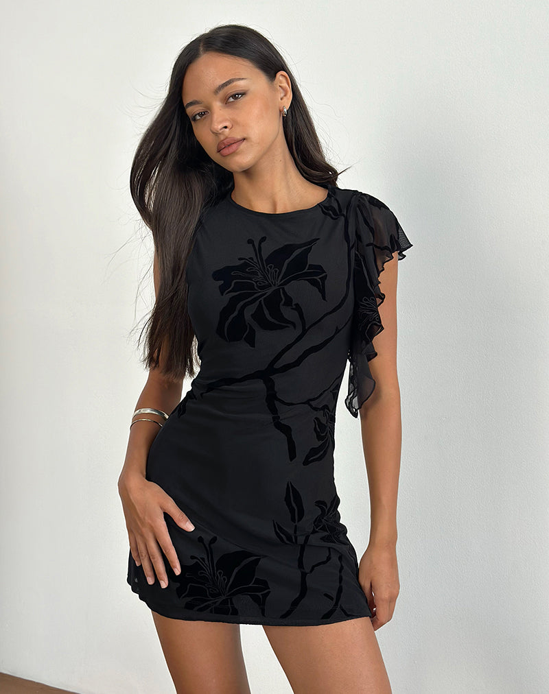 Salya Mini Jurk in Orchideeën Vlok Zwart