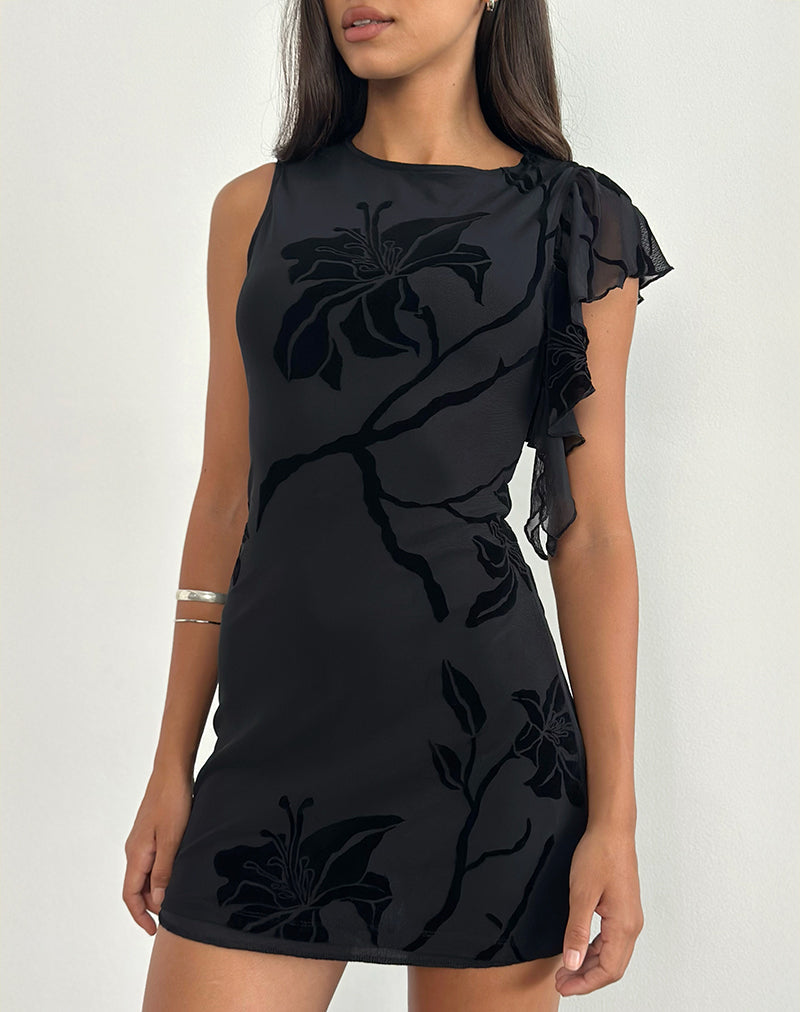 Salya Mini Jurk in Orchideeën Vlok Zwart