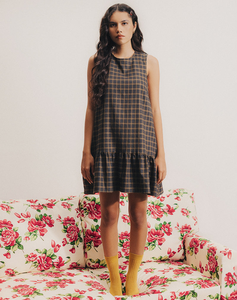 Samana Babydoll Mini Jurk in Geruit Donkerbruin