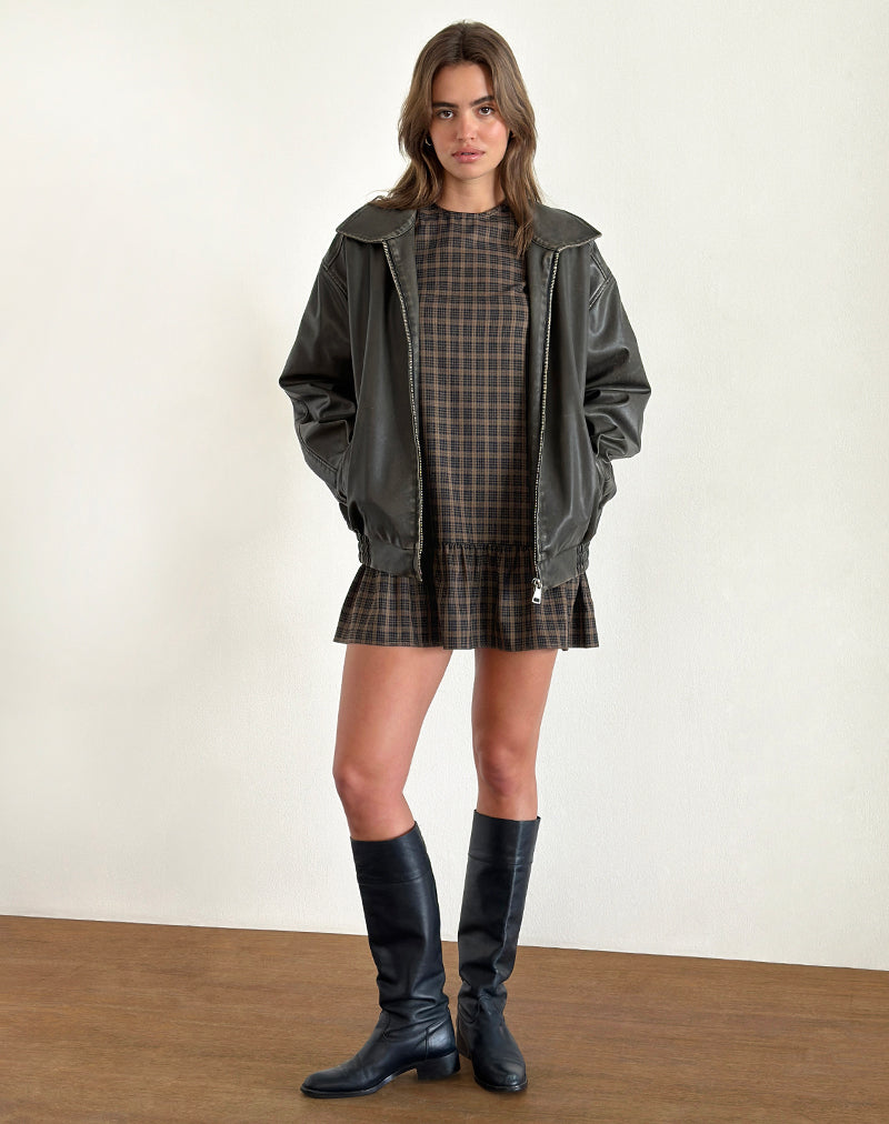 Afbeelding van Samana Babydoll Mini Jurk in Ruit Donkerbruin