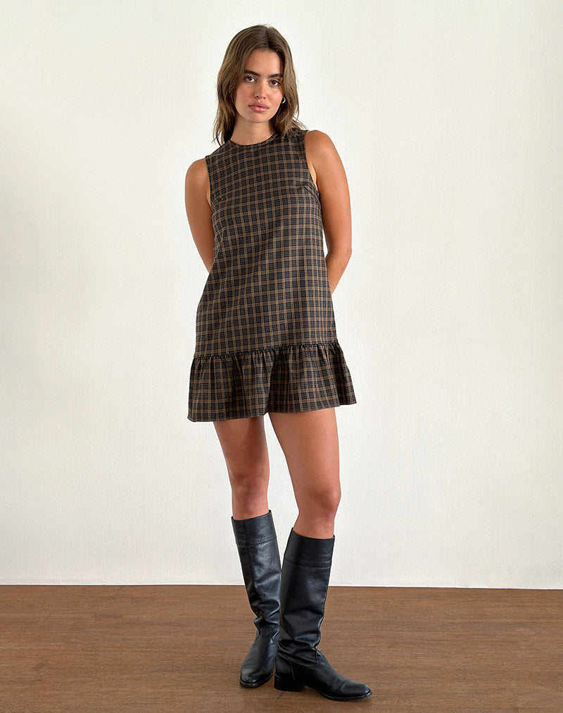 Afbeelding van Samana Babydoll Mini Jurk in Ruit Donkerbruin
